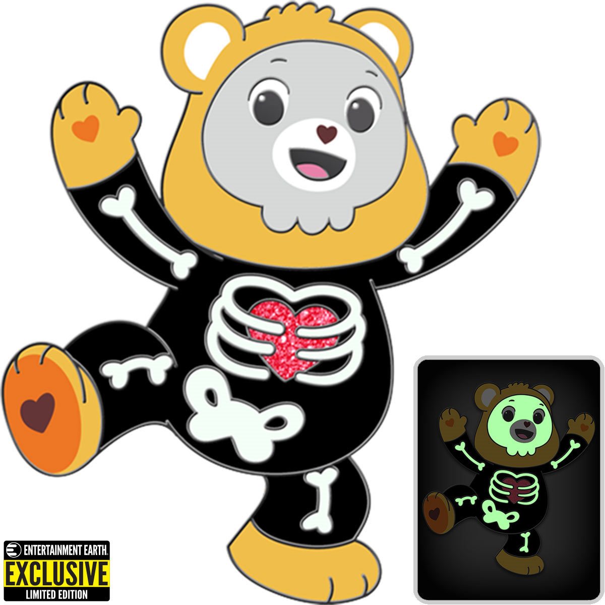 Care Bears Halloween Skeleton Tenderheart Bear Glow-in-the-Dark Enamel Pin - Entertainment Earth Exclusive