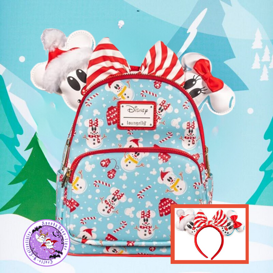 Loungefly Disney Mickey & Minnie Snowman Allover Print Mini Backpack Headband Set