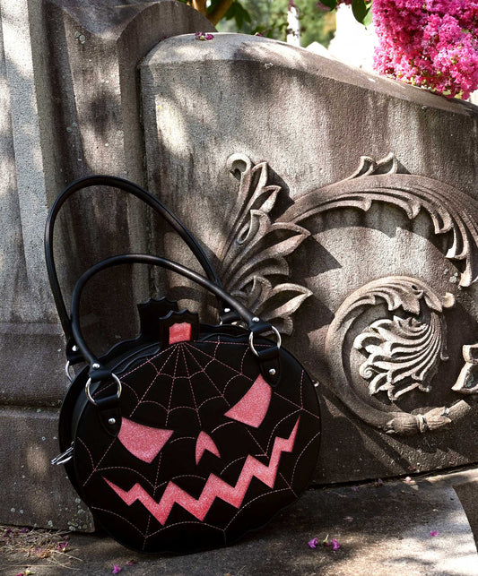 SOURPUSS GLITTER PUMPKIN PINK AND BLACK PURSE