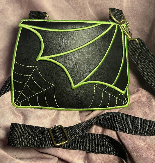 Batwing and Spiderweb with Bright Green Stitching Crossbody Bag. Clutch Purse
