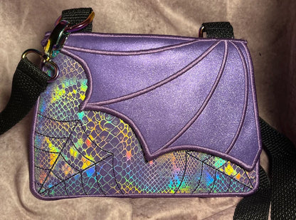 Batwing Purple Serpentine Crossbody Bag. Clutch Purse